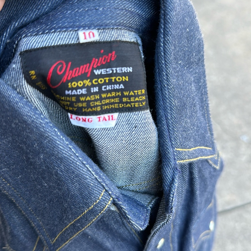 NOS Boys sz 10 Pearl Snap Champion Western Denim Shirt Long Tail